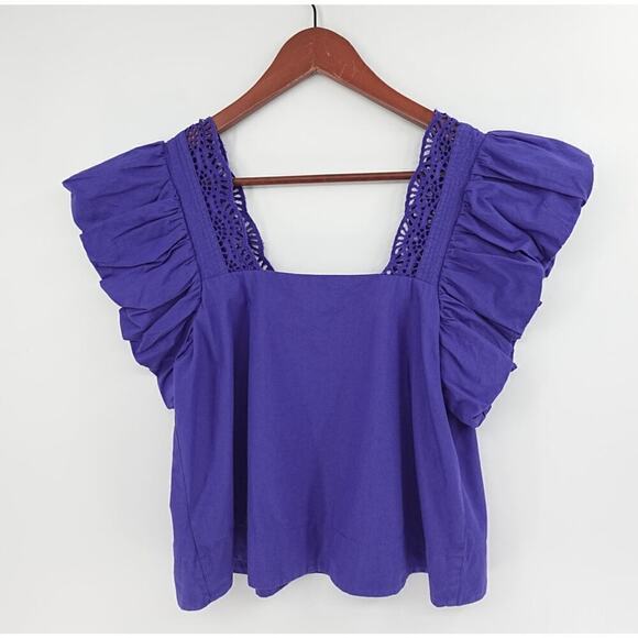 By Anthropologie Flutter Sleeve Blouse XS‎ Purple Lace Cropped - Picture 3 of 11
